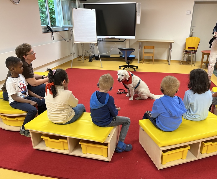 Die Kinder lernen die Hündin Skylar kennen.